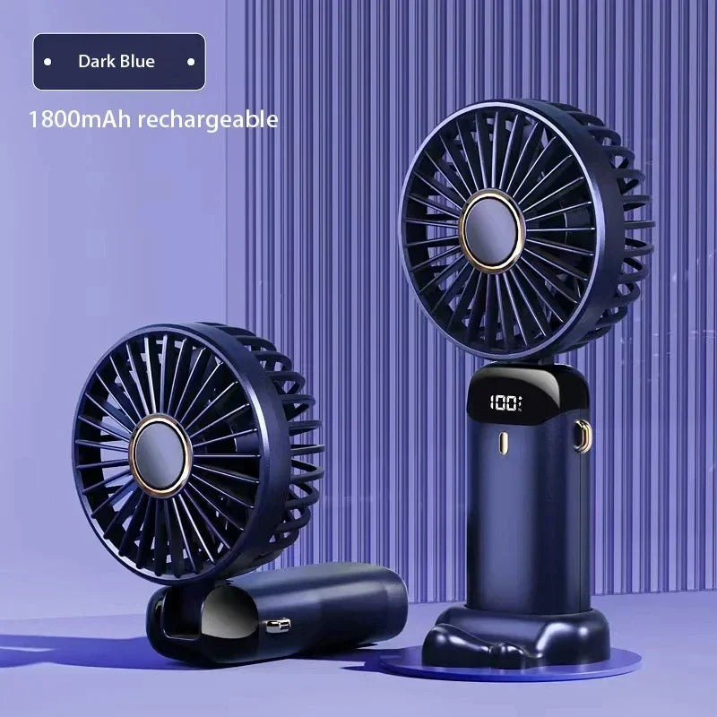 WaterGuard™ Foldable Handheld Fan – 5-Speed USB Rechargeable Cooling Fan with Phone Stand & LED Display