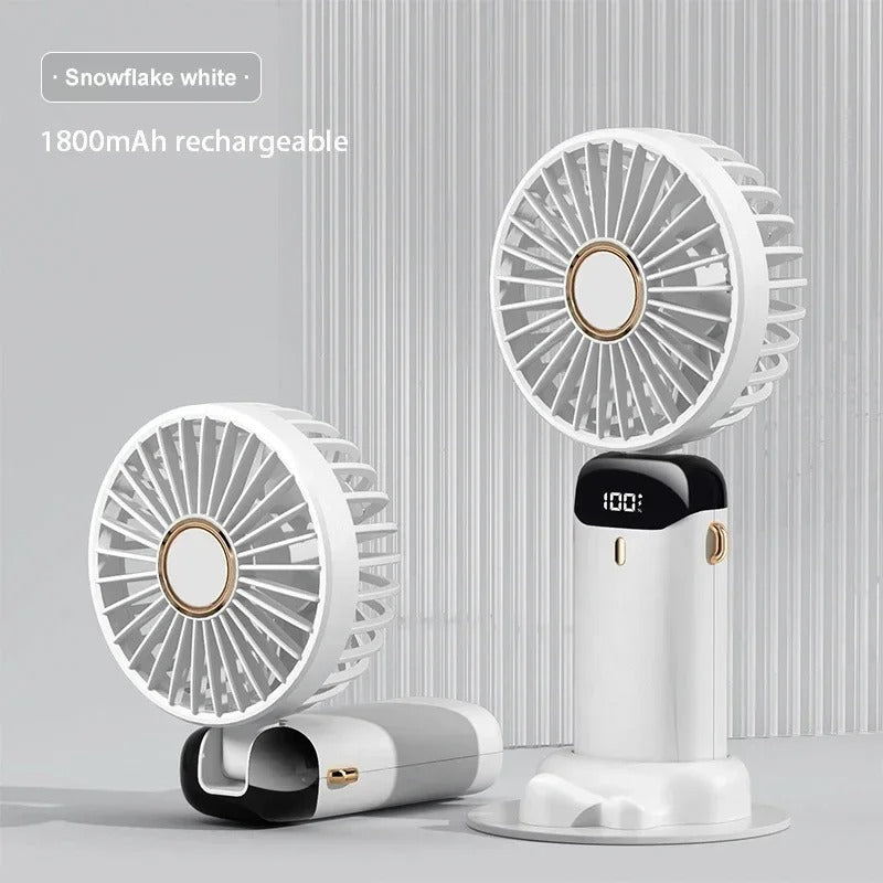 White WaterGuard™ Foldable Handheld Fan – 5-Speed USB Rechargeable Cooling Fan with Phone Stand & LED Display