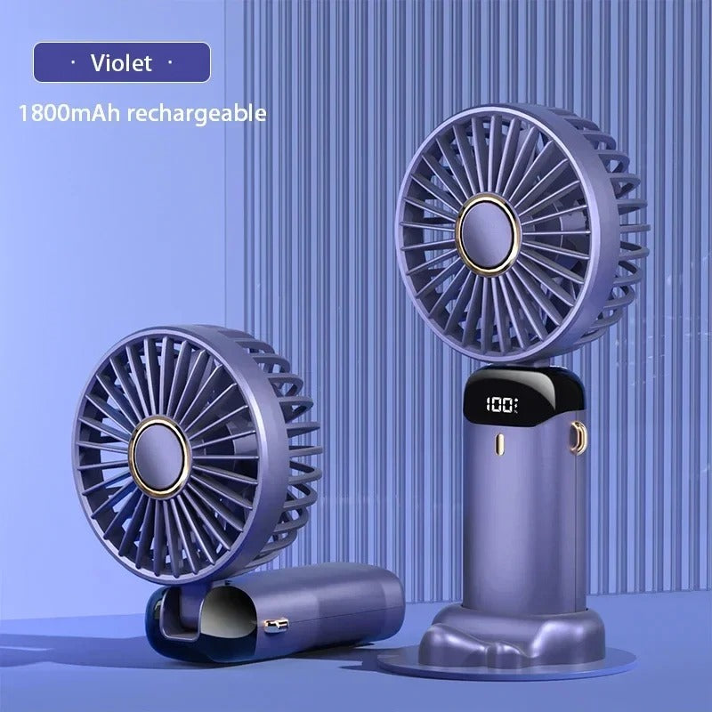 Violet WaterGuard™ Foldable Handheld Fan – 5-Speed USB Rechargeable Cooling Fan with Phone Stand & LED Display