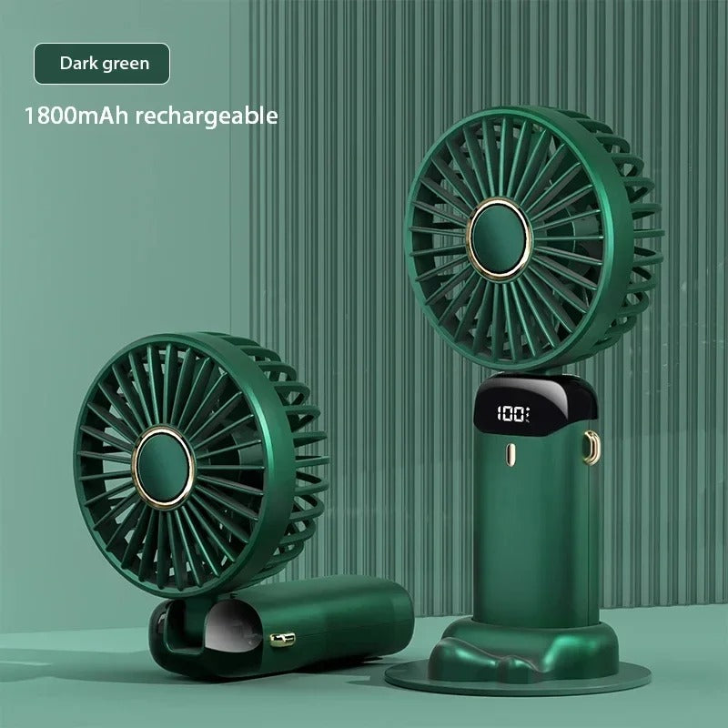 Green WaterGuard™ Foldable Handheld Fan – 5-Speed USB Rechargeable Cooling Fan with Phone Stand & LED Display